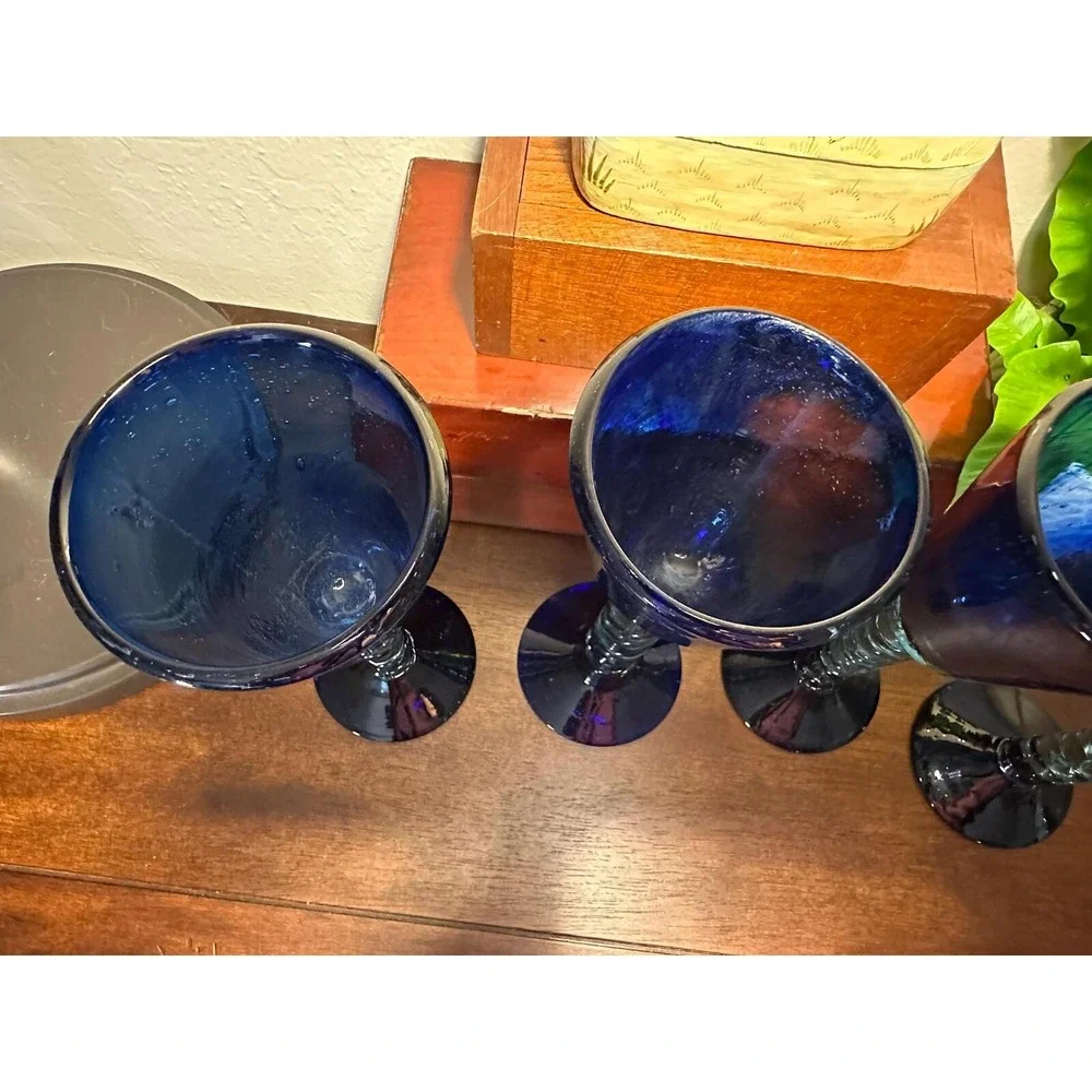 Vintage Cobalt Blue Mexican Hand-Blown Wine Goblets-Set of 4 MCM Barware Glasses